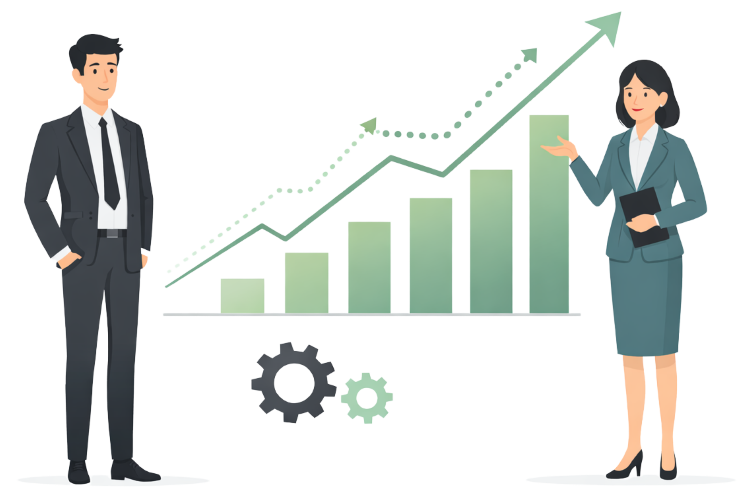 Professional man and woman presenting a performance marketing growth chart