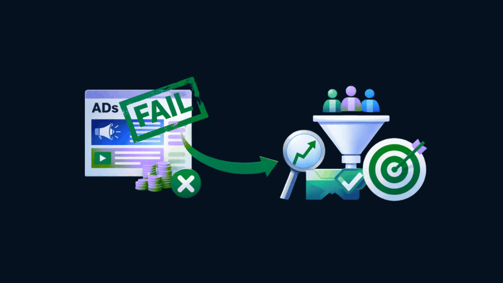 Visual comparison of ineffective paid ads and a successful customer acquisition system with funnel and target