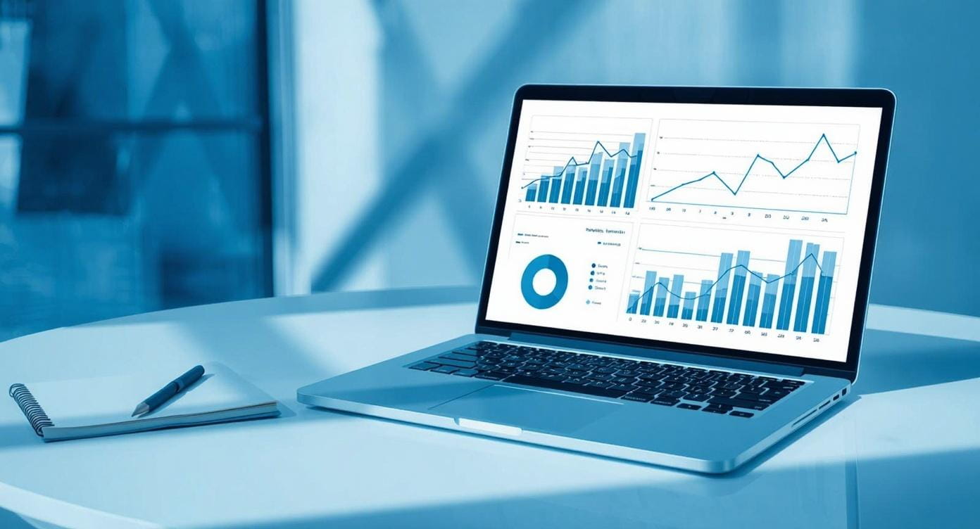 Performance Marketing Audit Checklist Before Running Paid Ads: Laptop displaying marketing analytics dashboard on a blue-toned workspace desk.