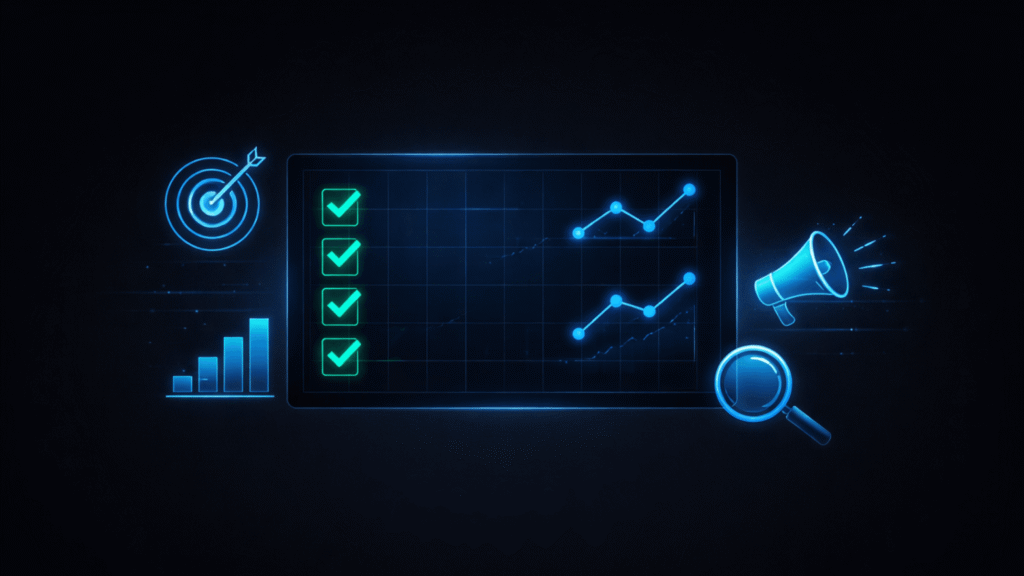 Performance marketing audit concept with checklist, data charts, and strategy icons on black background