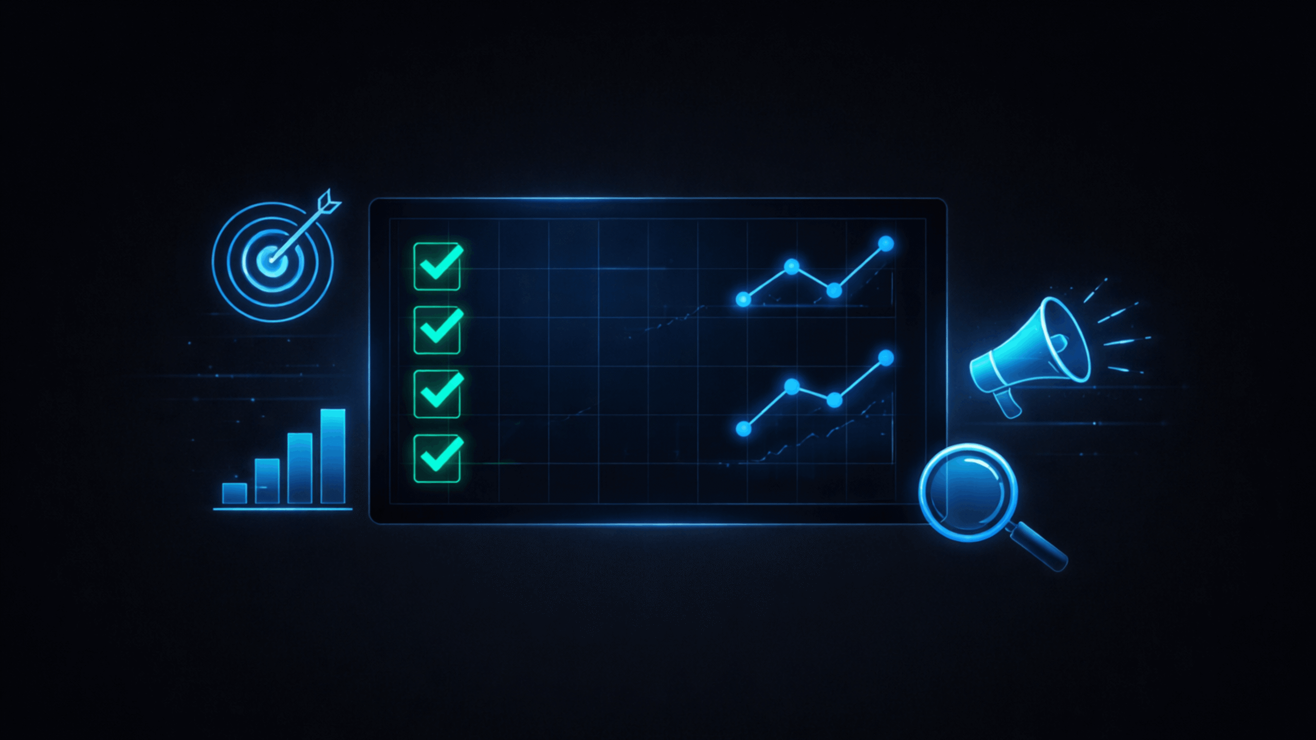 Performance marketing audit concept with checklist, data charts, and strategy icons on black background