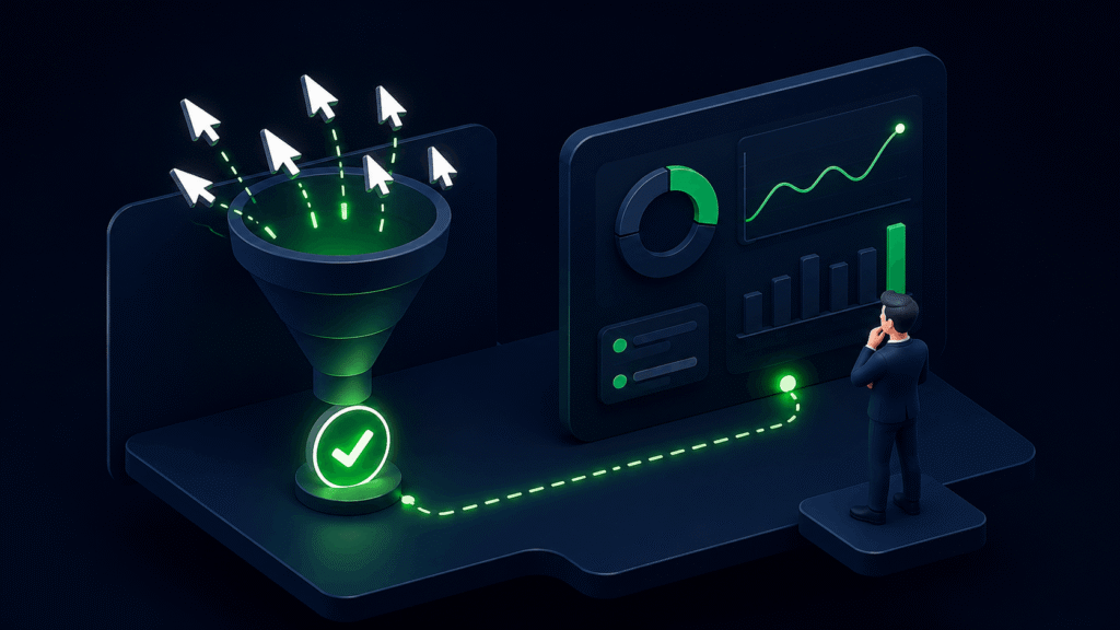 Google Ads conversion tracking dashboard showing clicks flowing into a funnel and converting into leads with a businessman studying the data