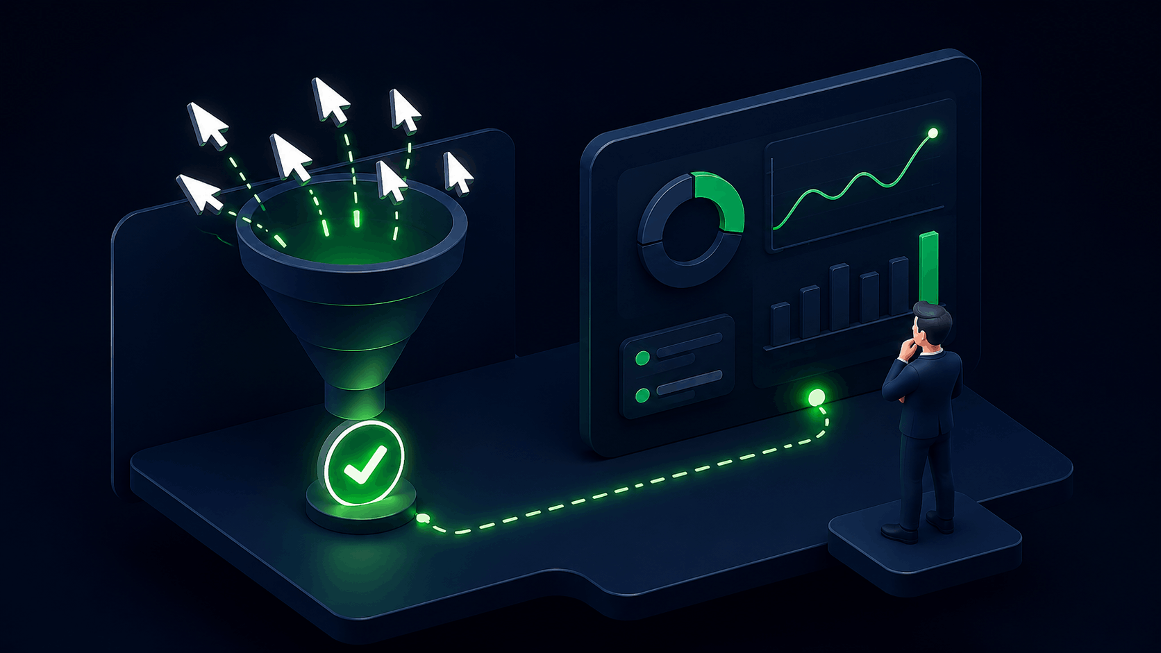 Google Ads conversion tracking dashboard showing clicks flowing into a funnel and converting into leads with a businessman studying the data