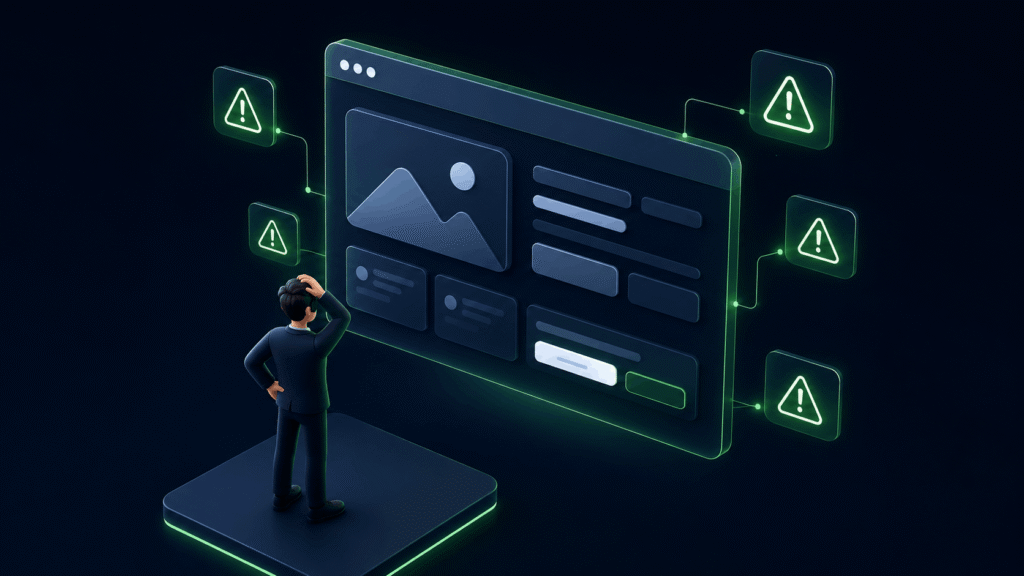 Google Ads landing page mistakes shown as warning indicators around a webpage with a confused businessman looking at the screen