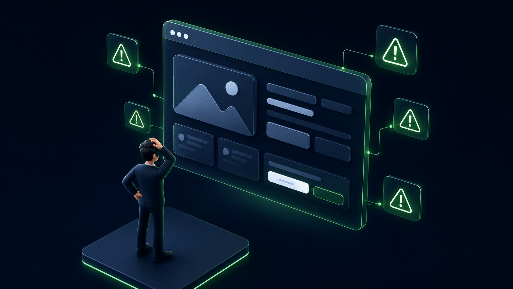 Google Ads landing page mistakes shown as warning indicators around a webpage with a confused businessman looking at the screen