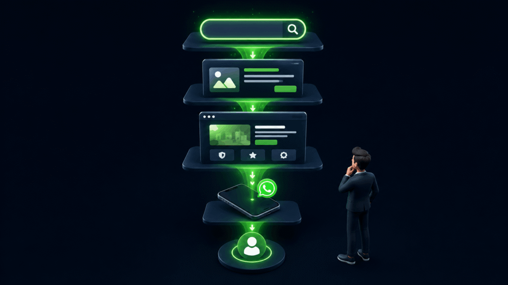 Google Ads lead generation system funnel showing the journey from search to enquiry with a businessman studying the process