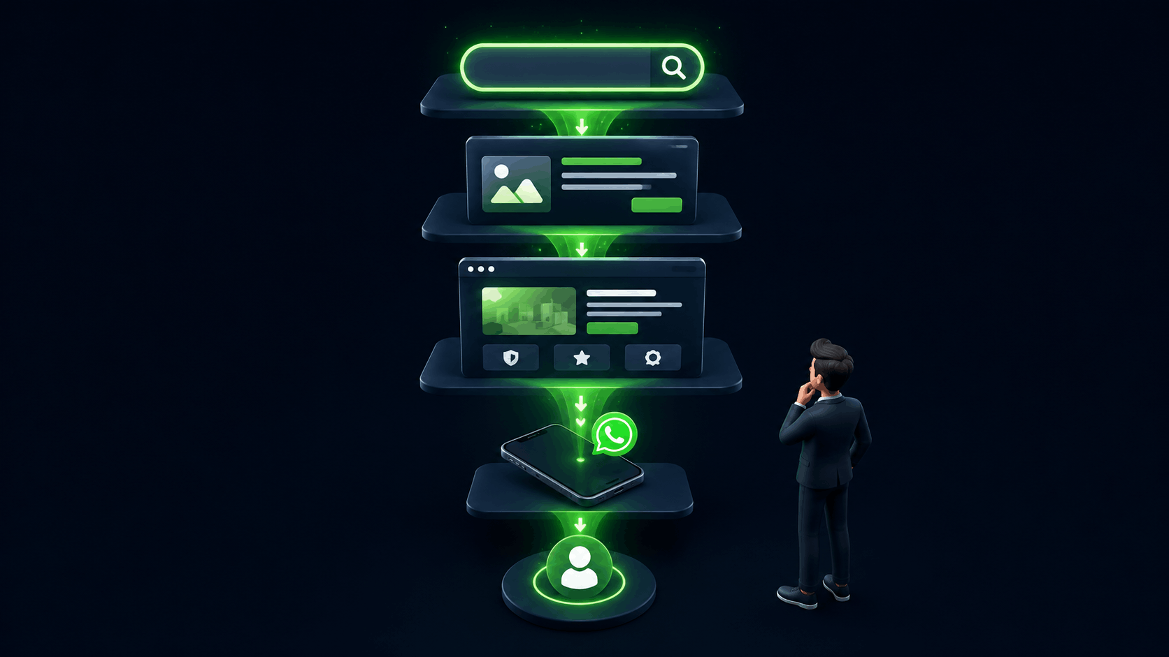 Google Ads lead generation system funnel showing the journey from search to enquiry with a businessman studying the process