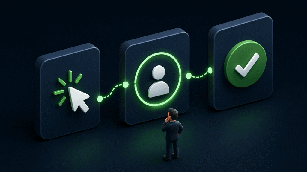 Google Ads metrics explained with three cards showing click, lead and conversion icons connected by a dotted path with a businessman studying the journey