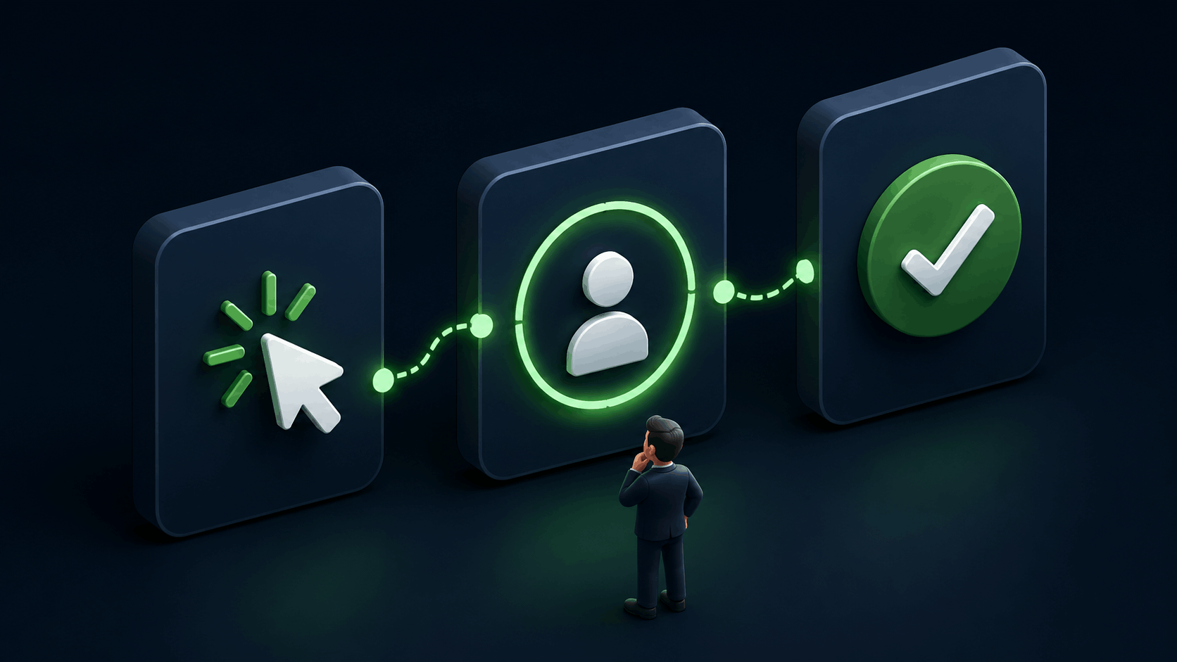Google Ads metrics explained with three cards showing click, lead and conversion icons connected by a dotted path with a businessman studying the journey