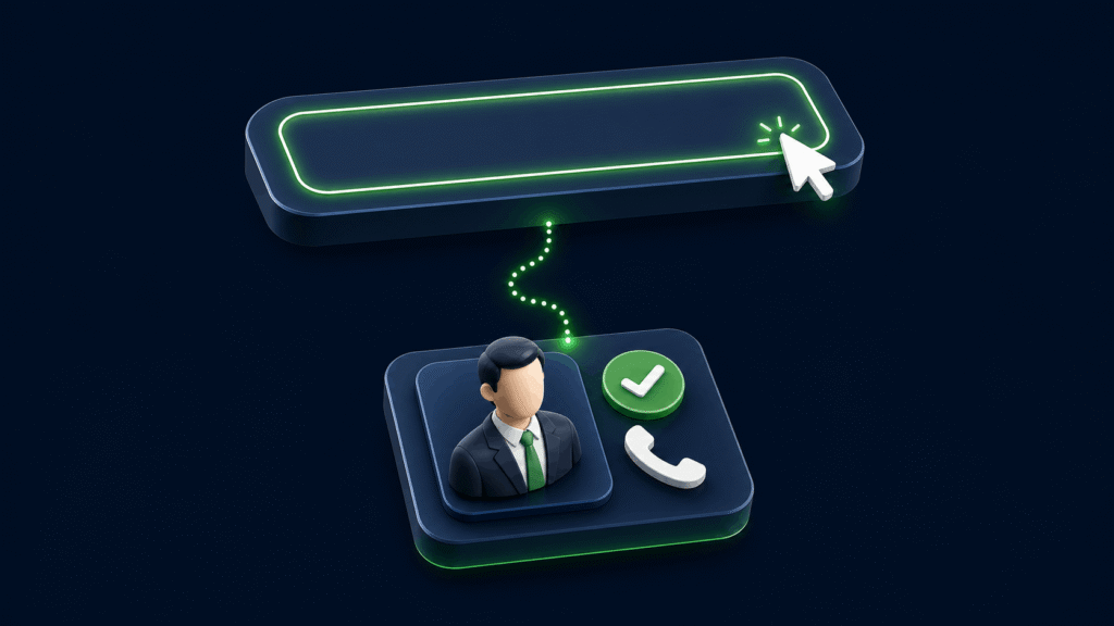 3D illustration of a Google search bar connected to a verified business contact with a phone icon, showing Google Ads generating ready-to-buy leads.