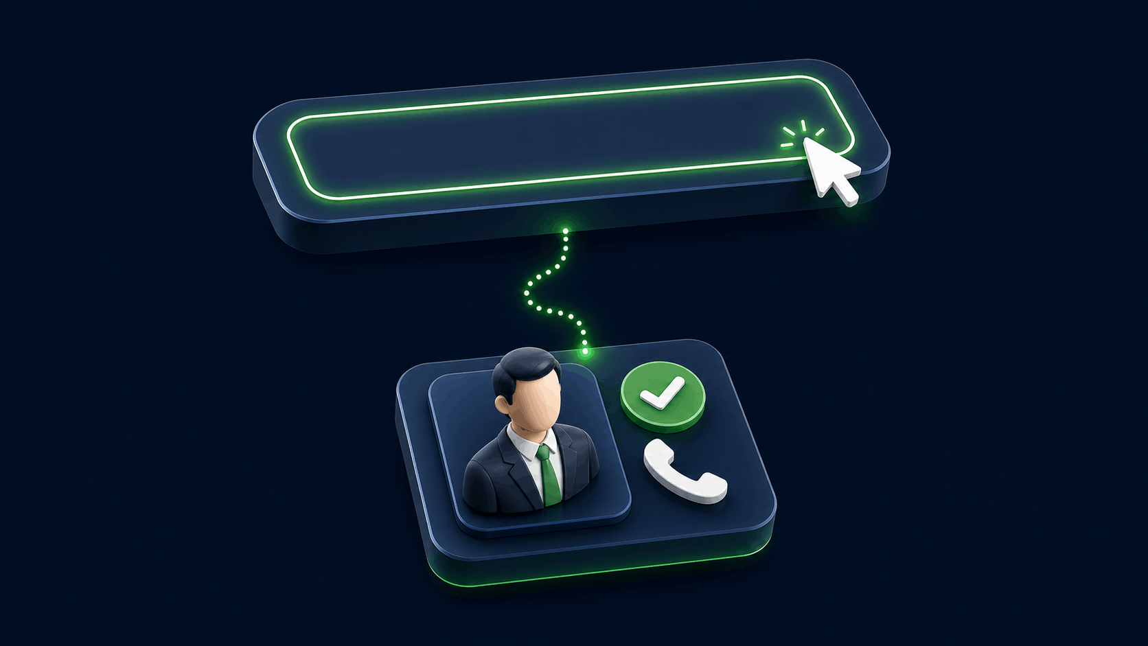 3D illustration of a Google search bar connected to a verified business contact with a phone icon, showing Google Ads generating ready-to-buy leads.